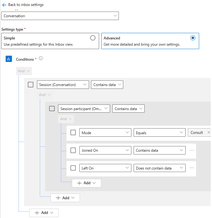Screenshot of the conditions builder to view consult sessions in inbox.