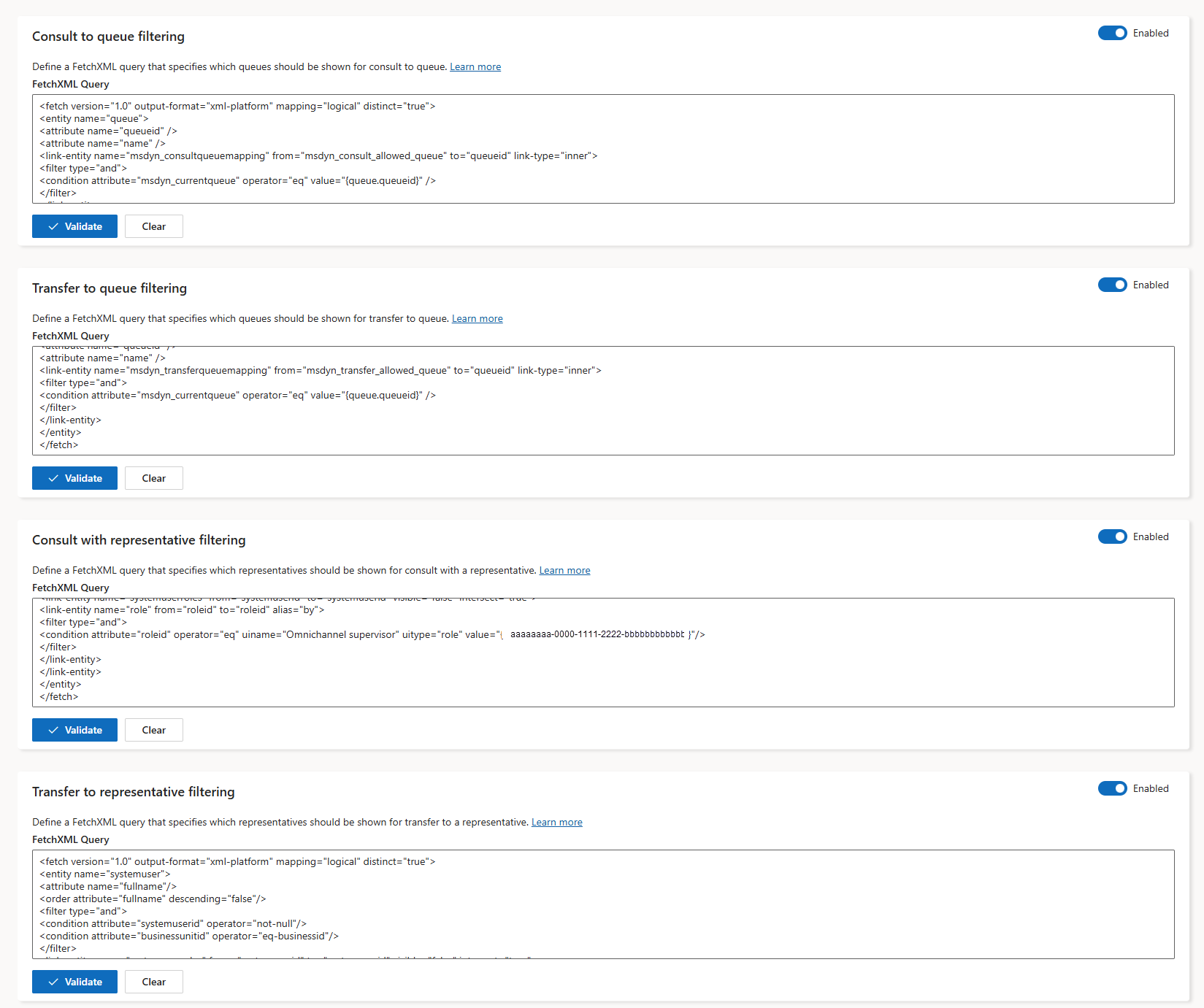 A screenshot of the FetchXMLs to restrict representatives during consult and transfer scenarios.
