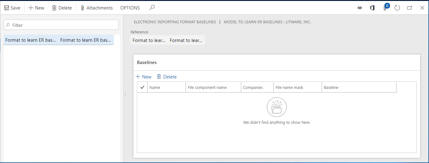 Screenshot of the Electronic reporting format baselines page Electronic reporting format baselines page.