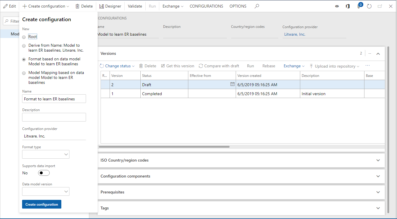 Screenshot of the Create configuration drop-down dialog box Create configuration dialog box, add a new ER format configuration.