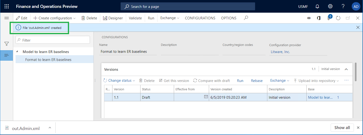 Screenshot of the notification about the generated file on the Configurations page Notification about the generated file on the Configurations page.