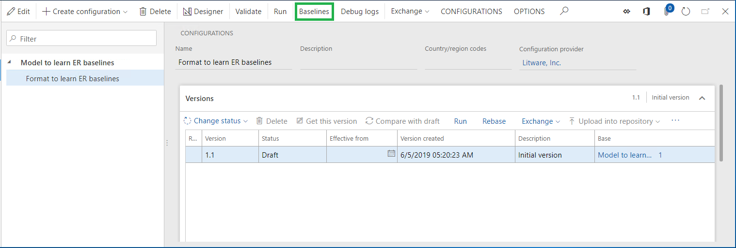Screenshot of the Baselines button on the Configurations page Baselines button on the Configurations page.
