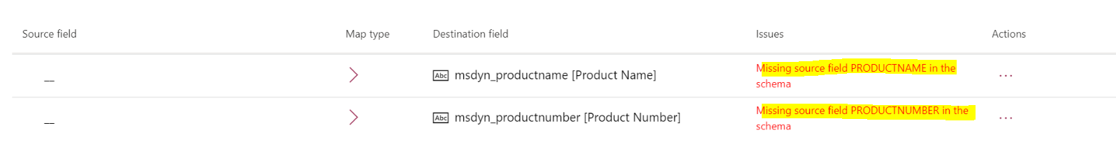 Screenshot of the missing source column error message.