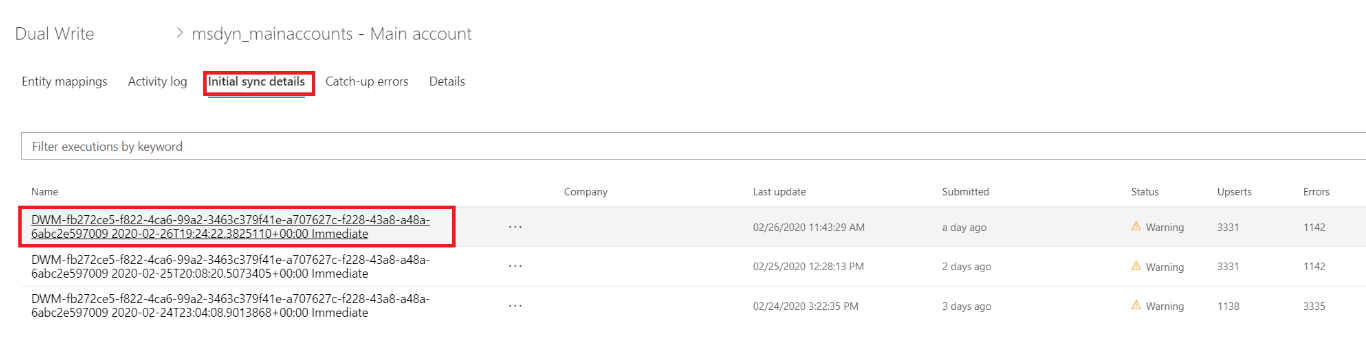 Screenshot of error on the Initial sync details tab.