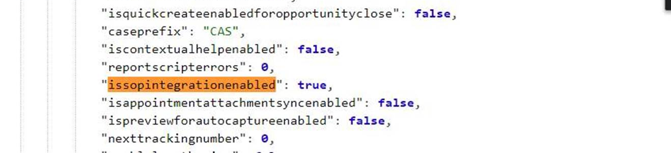 Screenshot of IsSOPIntegrationEnabled set to true.