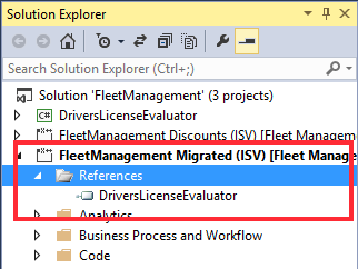 Screenshot of the Solution Explorer showing the References node with the DriversLicenseEvaluator reference.
