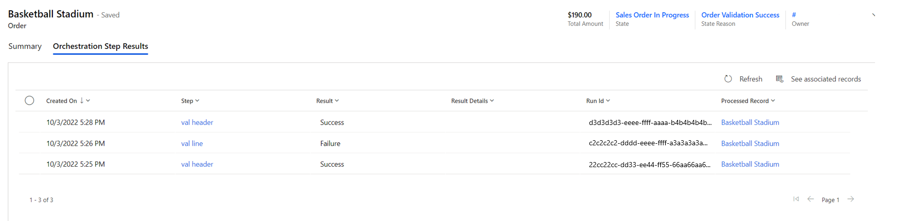 Screenshot of results on the Orchestration Step Results tab.
