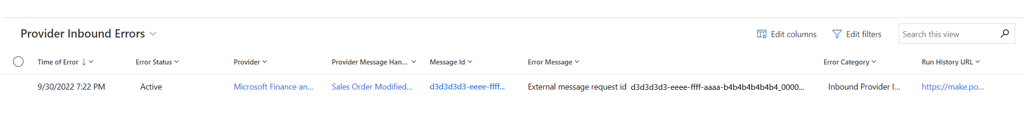 Screenshot of errors on the Provider Inbound Errors page.