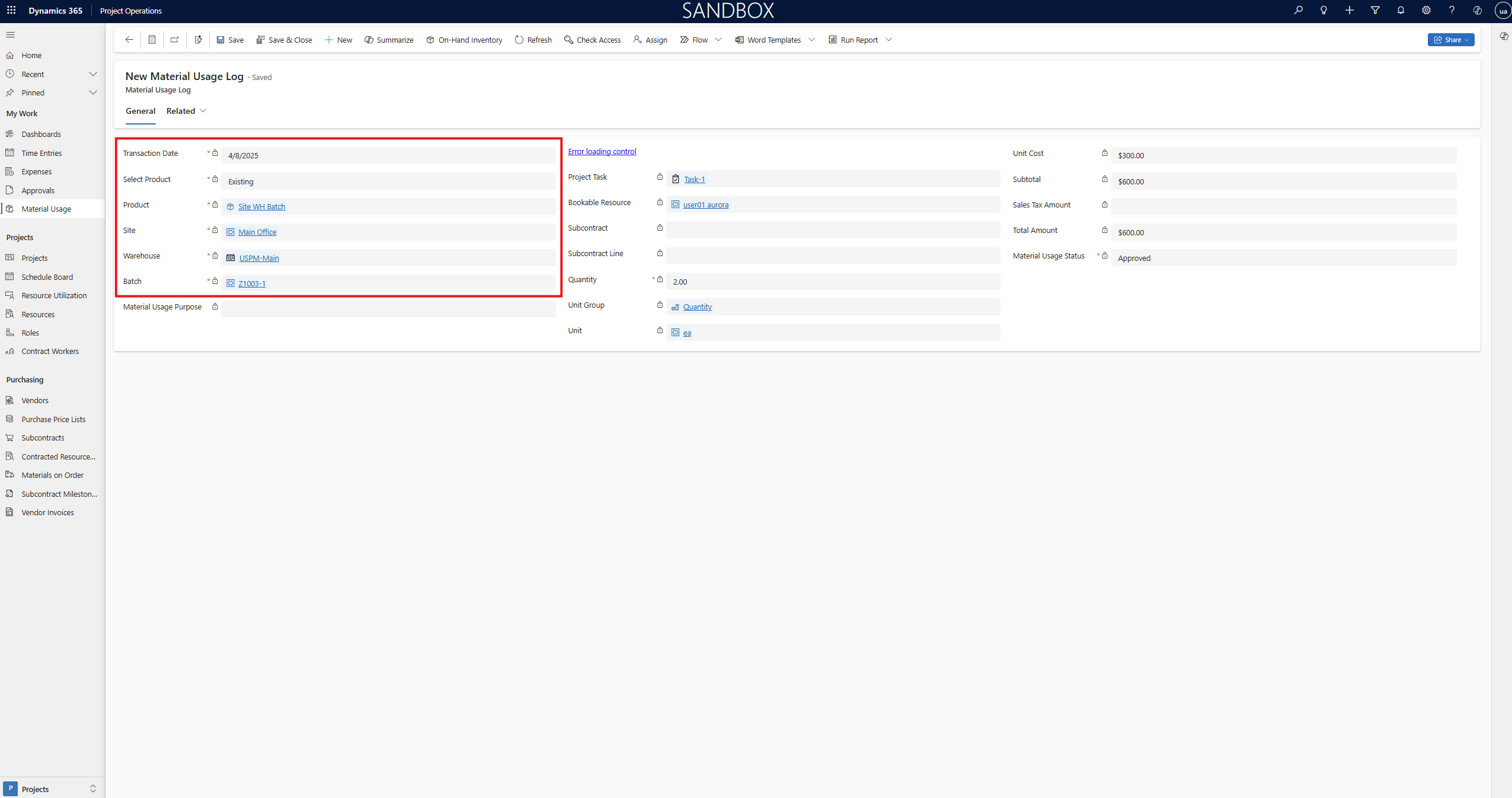 Screenshot of the New Material Usage Log page, highlighting transaction date, product, site, warehouse, and batch information.