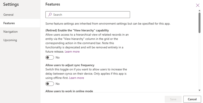 Screenshot of the Features tab in the Settings dialog box in the app designer.