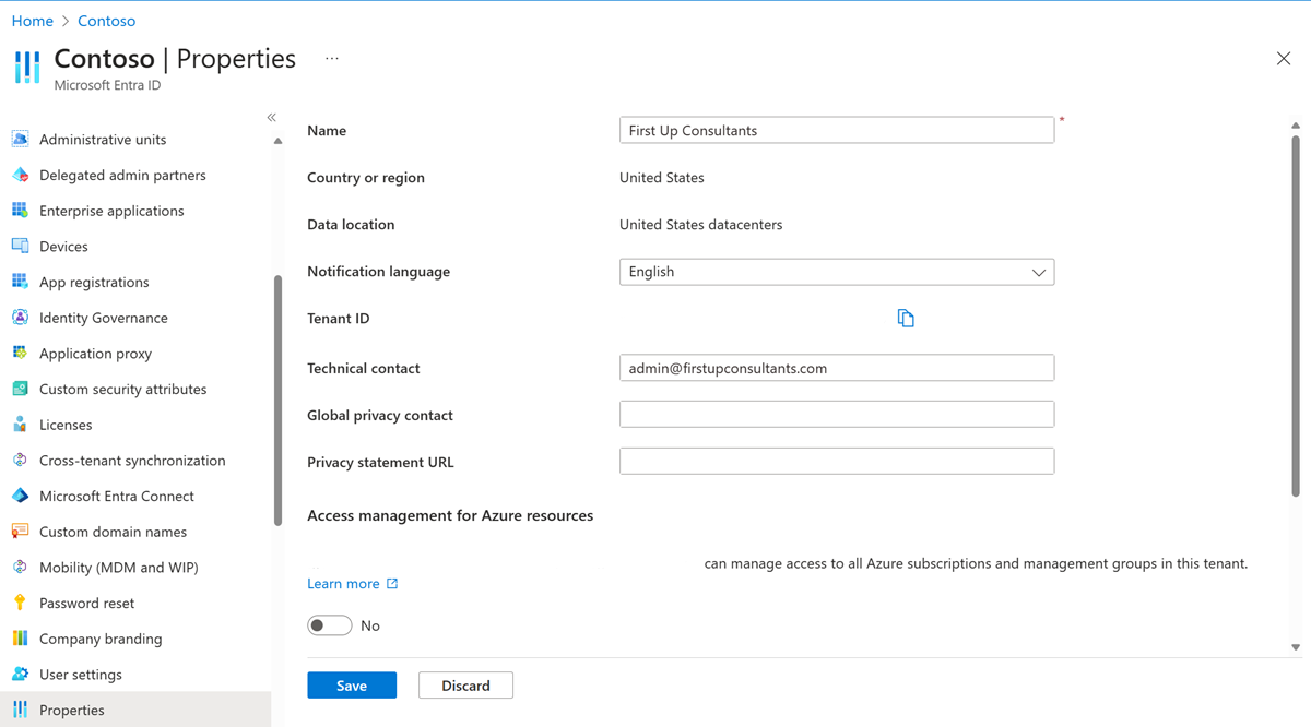 Screenshot of Microsoft Entra ID - Properties - Tenant ID - Tenant ID field.
