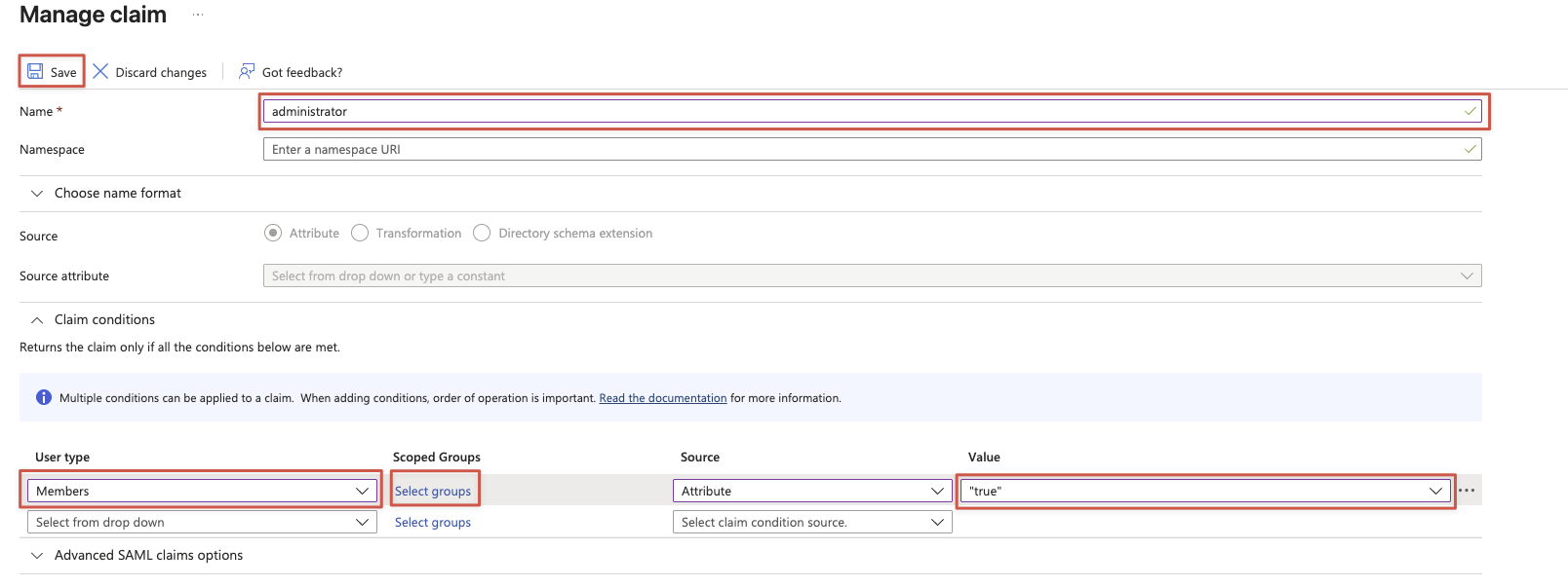 Screenshot shows to manage claim for attributes.