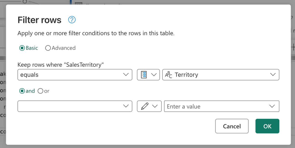 Screenshot of the Territory parameter selected inside the input widget from the filter rows dialog.