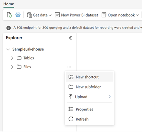 Screenshot that shows selecting 'new shortcut' from a directory menu.