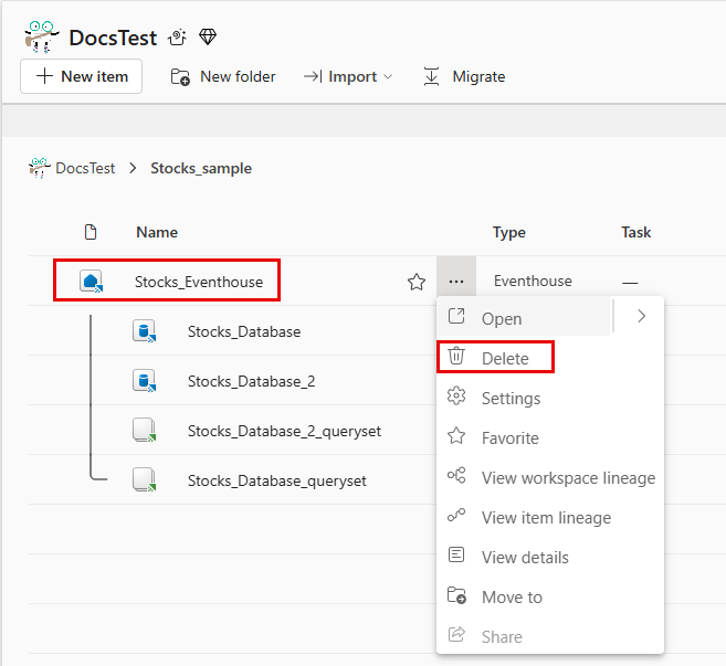 Screenshot of deleting an eventhouse.