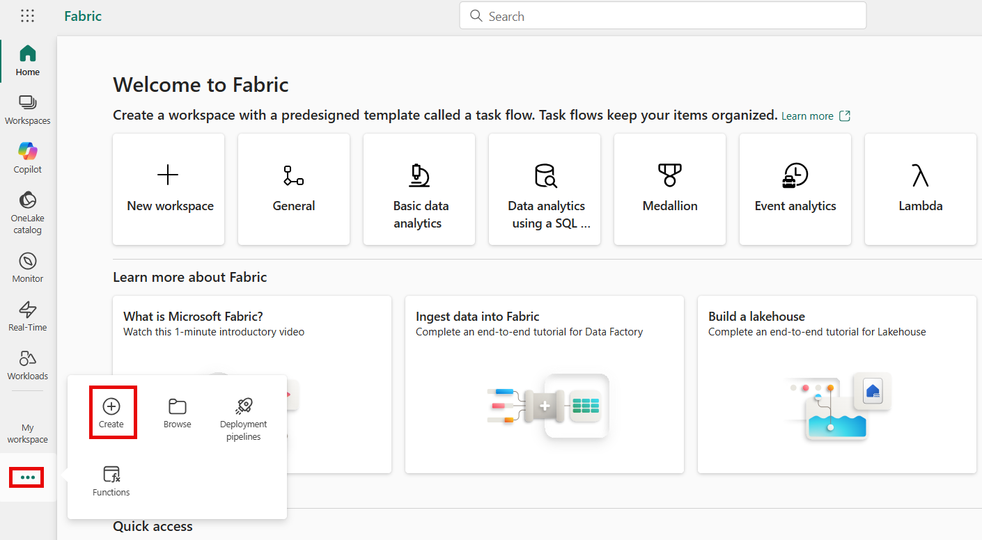A screenshot of the ellipses and create option.