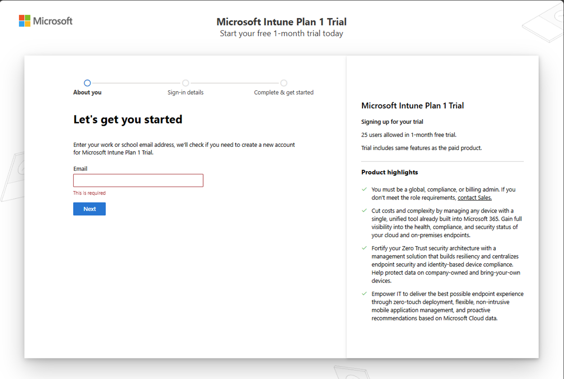 Screenshot of the Microsoft Intune Trial account sign-up web page.
