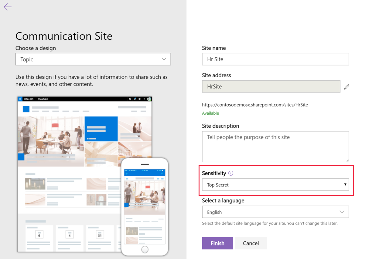 Creating a site and selecting an option under Sensitivity.