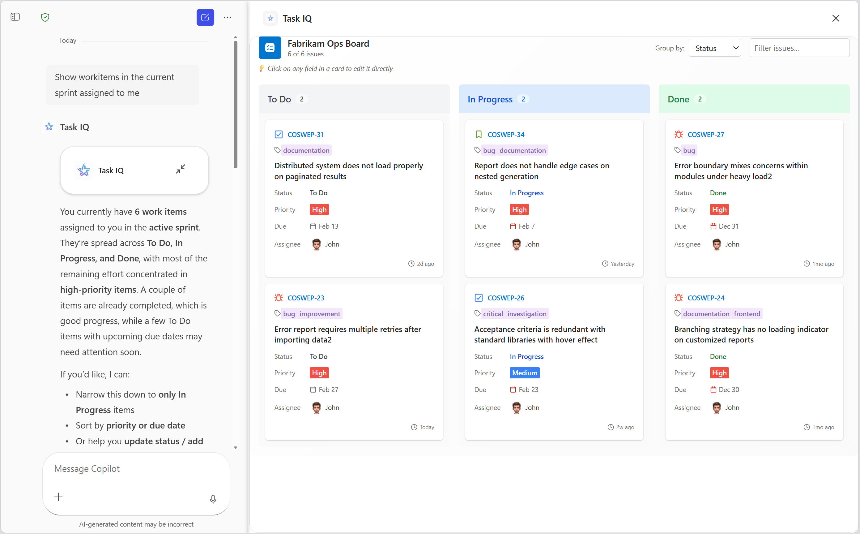 A screenshot of the Sprint tasks widget in full-screen mode in Microsoft 365 Copilot