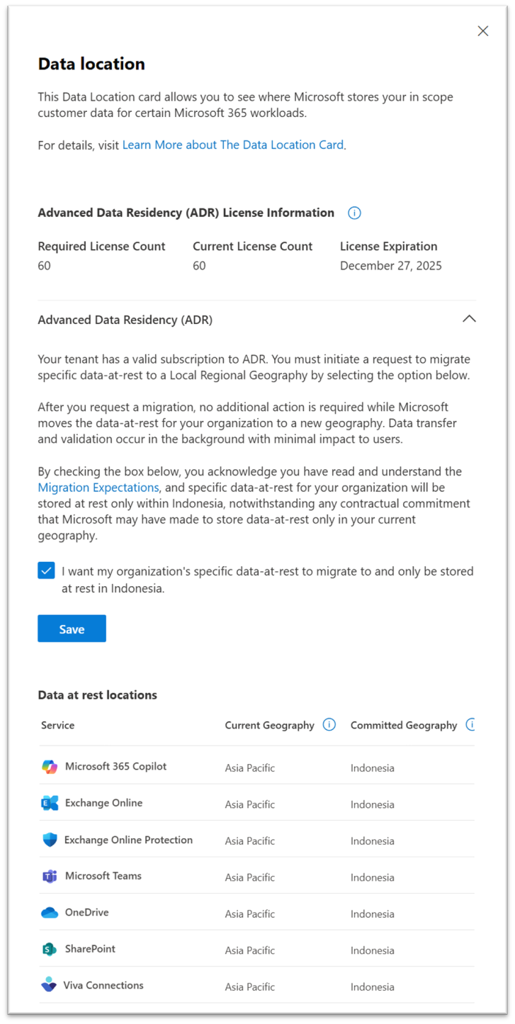 Screenshot of Data Location View Before Migration Opt-in.