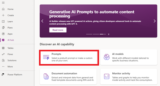Screenshot of selecting prompts in AI hub.