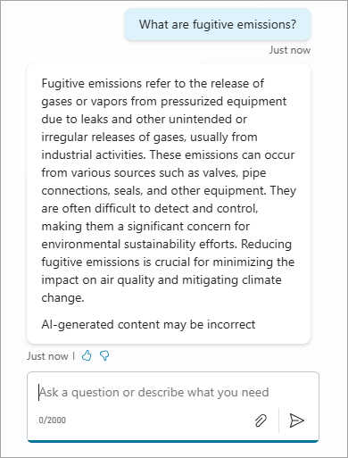 Second of two screenshots showing a test of asking the agent about fugitive emissions in Sustainability Insights.