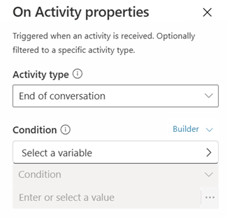 Screenshot of a Trigger node configured without conditions when the Activity type is set to End of conversation.