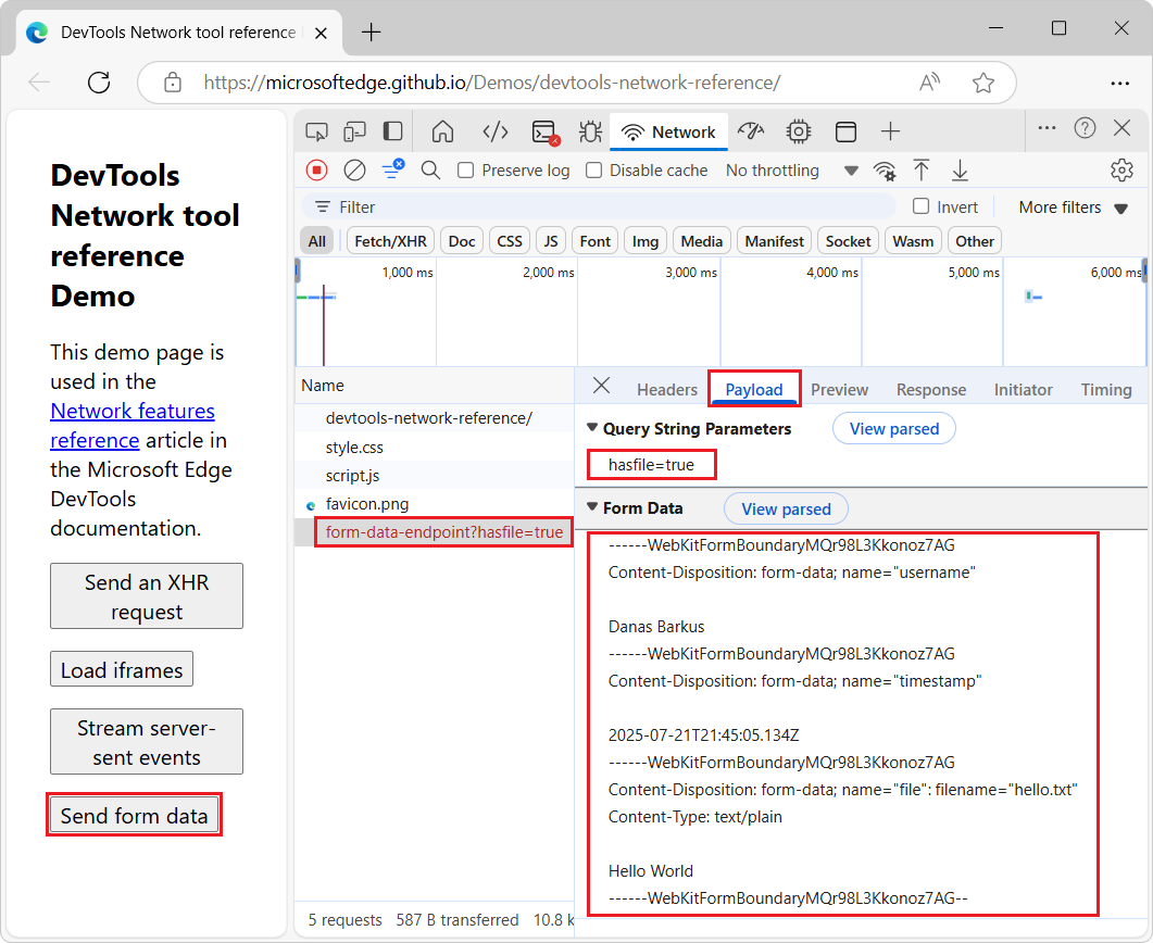 Payload tab > Query String Parameters section and Form Data section > the "View source" button