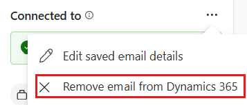 Screenshot of the Connected to card in the Sales side pane, showing the More actions menu with the remove option highlighted.