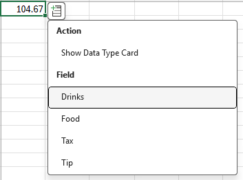 Screenshot of the drinks, food, tax, and tip fields shown for the selected cell value.