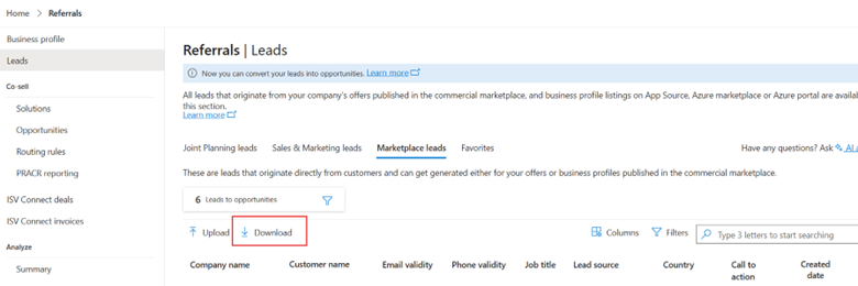 Screenshot that shows the Leads page in Partner Center with the Export button highlighted.