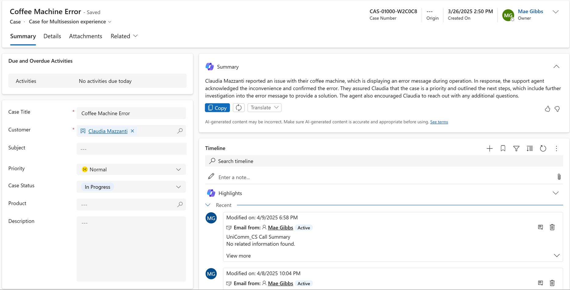 Screenshot that shows the default Copilot case summary on a model driven app.