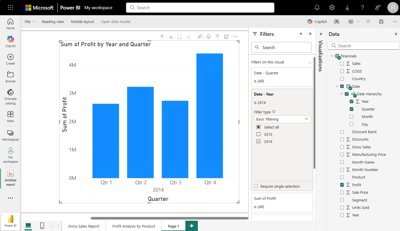 Screenshot that shows a column chart visualization for the selected data items.