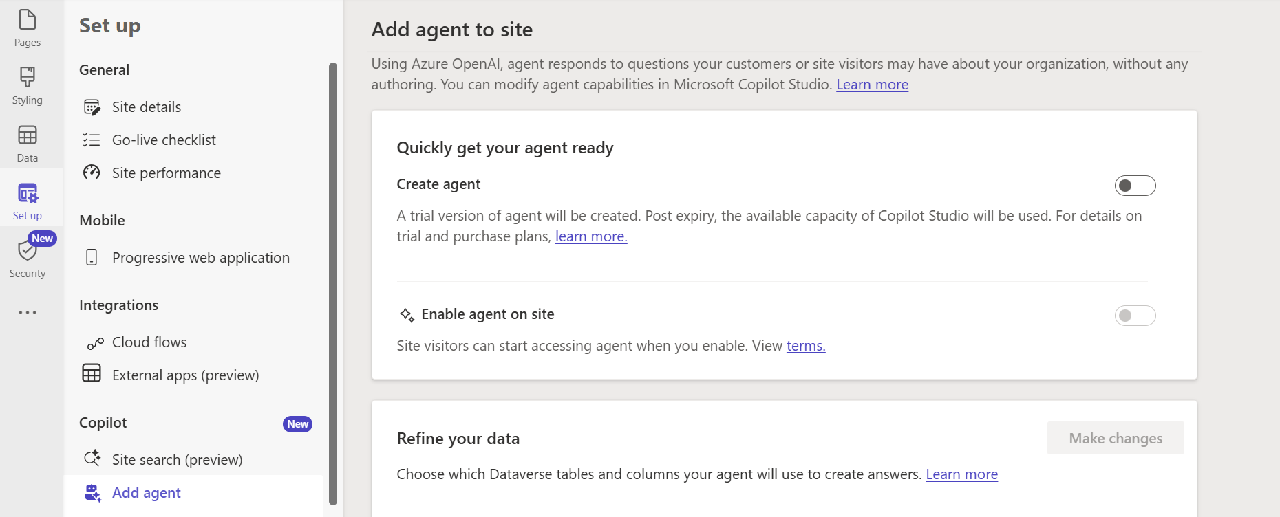Screenshot of the Add an agent to site page in Power Pages.