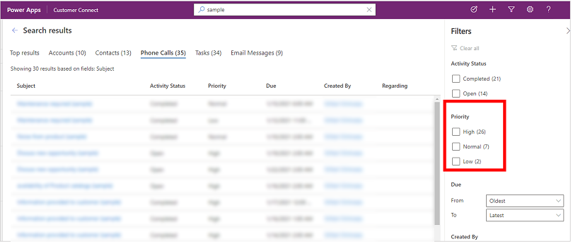 The Priority facet has values of High, Normal, and Low The Priority facet has values of High, Normal, and Low.