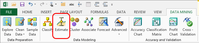 Estimate wizard in Data Mining ribbon