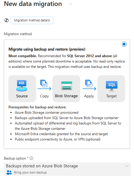Screenshot of the Migrate Data page in the Azure portal.
