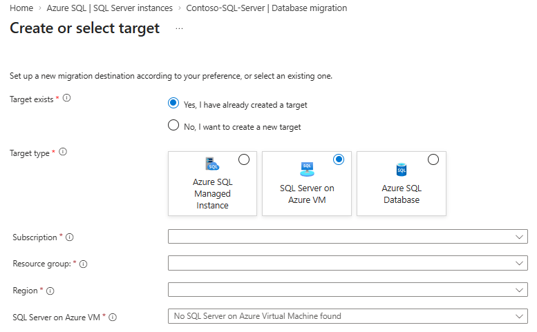 Screenshot that shows the Create or select target pane.