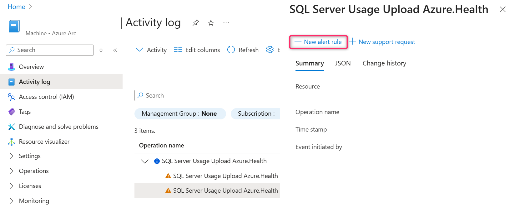 Screenshot from Azure portal. Select log entry.