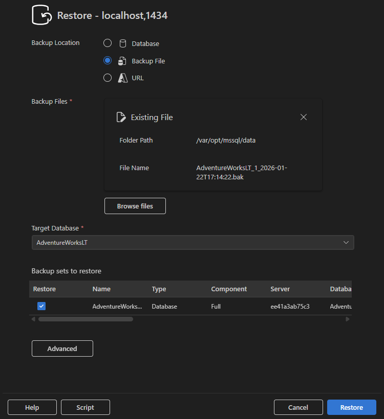 Screenshot of the Restore dialog with Backup File option selected.