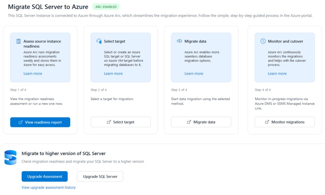 Screenshot of Migration tab showing migration options for SQL Server instances enabled by Azure Arc.