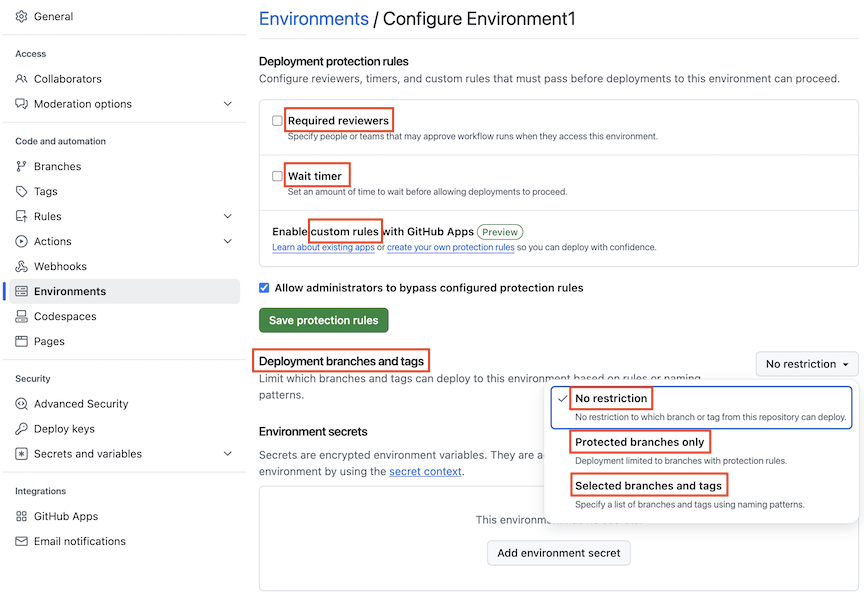 Screenshot that shows the Settings page for configuring Environment1 with options for reviewers, wait timer, custom rules, and branch restrictions.
