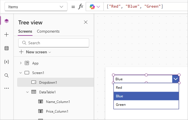 Screenshot that shows a dropdown-table formula property.