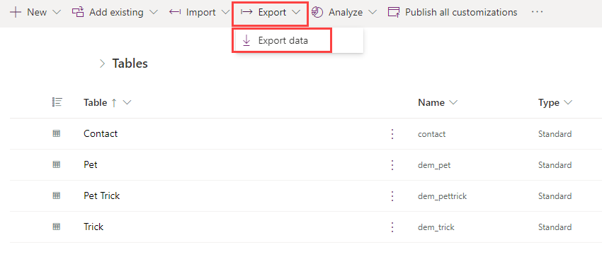 Screenshot of the data export option in Power Apps.