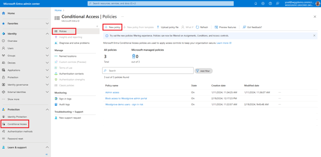 Screenshot of Conditional Access blade with left navigation highlighting Policies and button titled New policy in the toolbar highlighted.