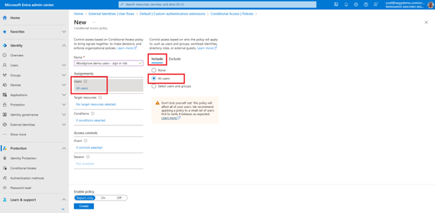 Screenshot of New Conditional Access policy blade highlighting Users with the Include tab highlighting radio button option All users.