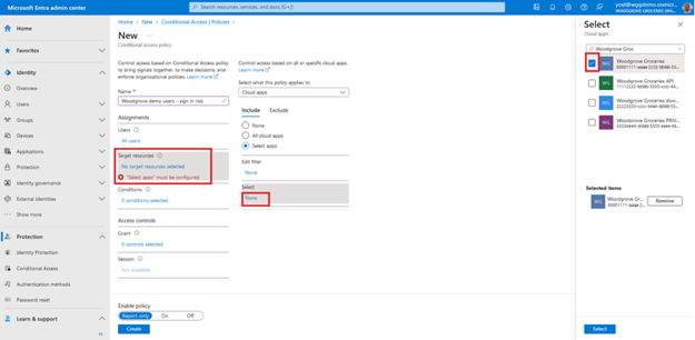 Screenshot of New Conditional Access policy blade highlighting Target resources with Include tab selecting Woodgrove Groceries app in the Select cloud apps pane open on the right.