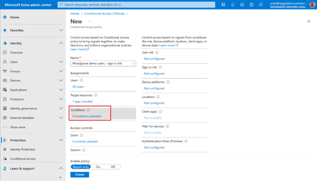 Screenshot of New Conditional Access policy blade highlighting Conditions.