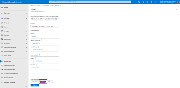 Screenshot of New Conditional Access policy blade highlighting On for Enable policy at the bottom.