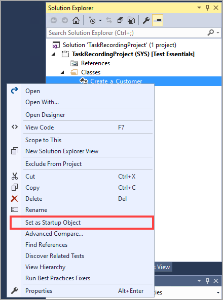 Screenshot of Set as startup object selected.